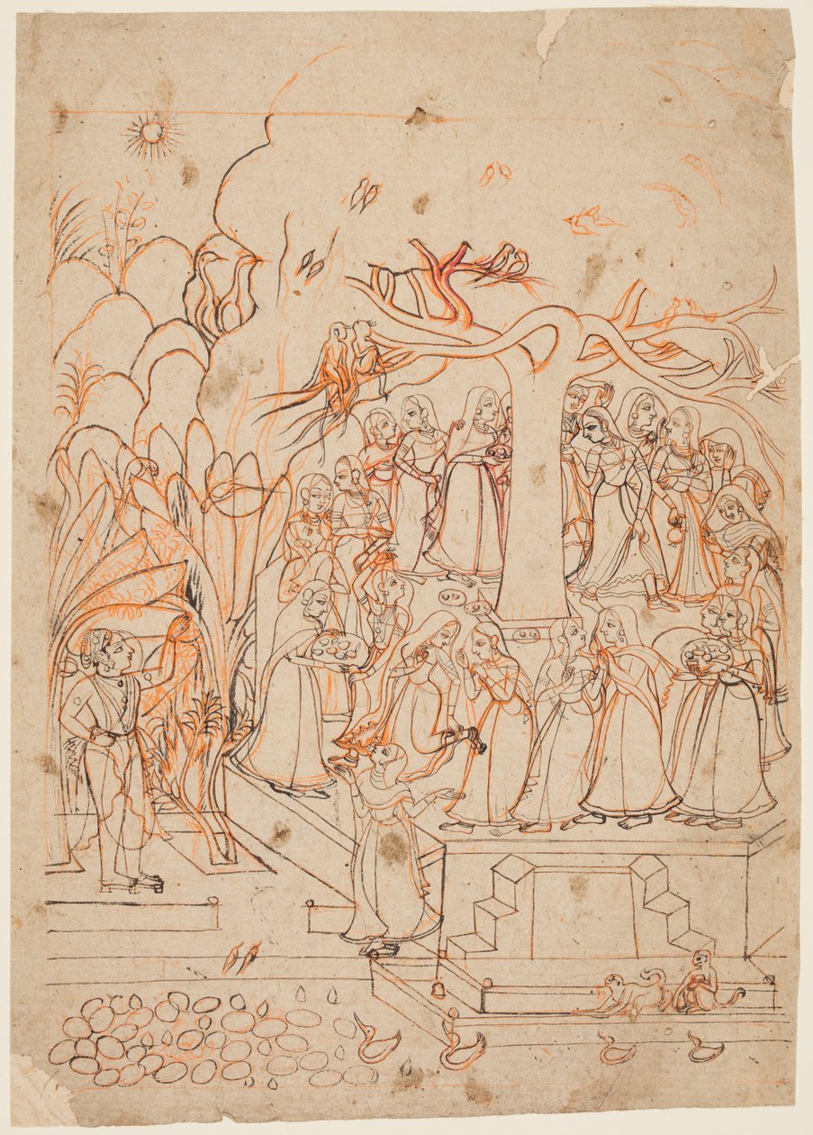 Krisna nézi a tejeslányokat, akik egy szent fát köröznek: Jyestha hónapja (május–június), egy Baramasából (A tizenkét hónap) alkotó: Unknown artist