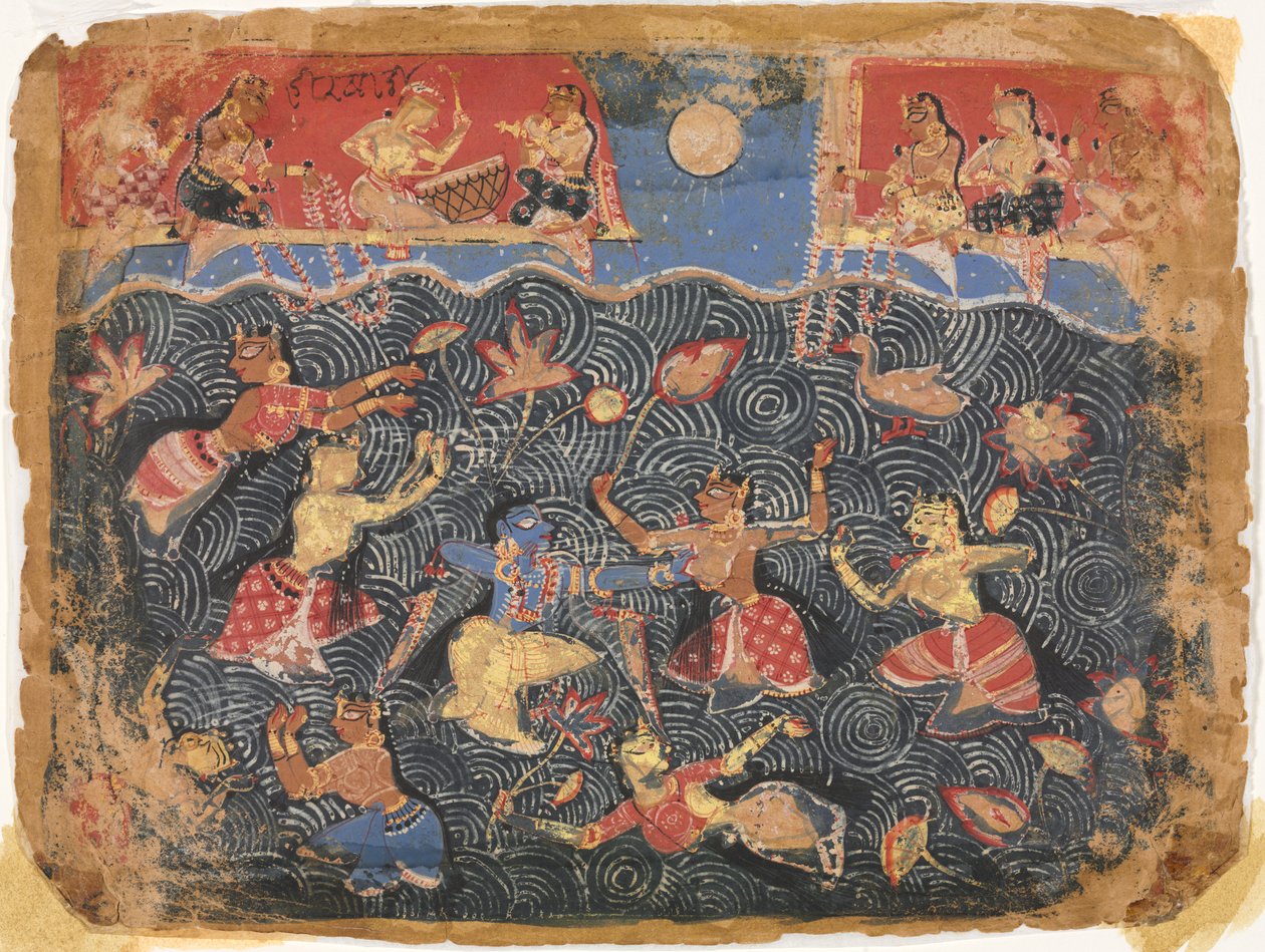 Krisna a gópikkal sportol a Jumna folyóban, egy Bhagavata Puránából alkotó: Unknown artist