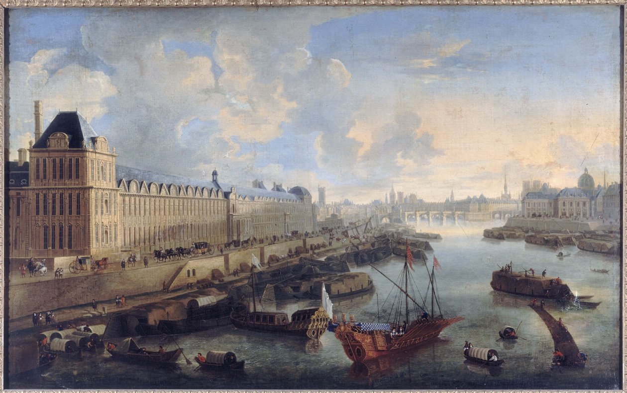 La Grande Galerie du Louvre, le Pont-Neuf, la Cité, le collège des Quatres-Nations, 1670 körül, a Szajnán a királyi gálya, a mai 1. és 6. kerület, 1670 és 1685 között (olaj, vászon). alkotó: Unknown artist