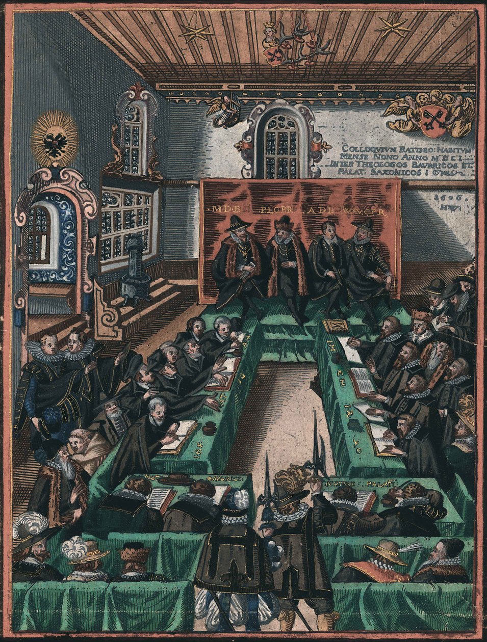 La Conference religieuse de Ratisbonne en 1601 – Az 1601-es regensburgi vallási kollokvium, Anonymous. Rézmetszet, akvarell, c. 1605. Historisches Museum der Stadt Regensburg alkotó: Unknown artist