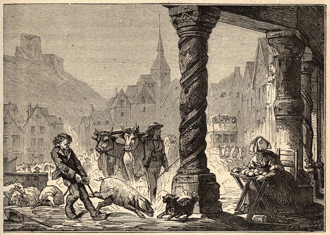 A főutca egynapos sétán Dol de Bretagne-ban – „” PATRIE” metszet” – LEÍRÁS PECTURESSE DE LA FRANCE EN 6 KÖTET: LUCIEN HUARD – 19. század vége alkotó: Unknown artist