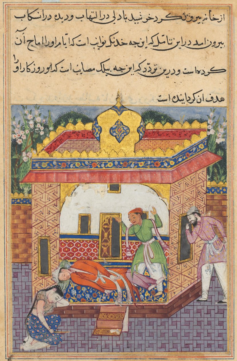 Latif, aki meggyilkolta testvérét, hamisan vádolja Khurshidot a tettével, egy Tuti-namából (Papagáj meséi): Harminckettedik éjszaka alkotó: Unknown artist