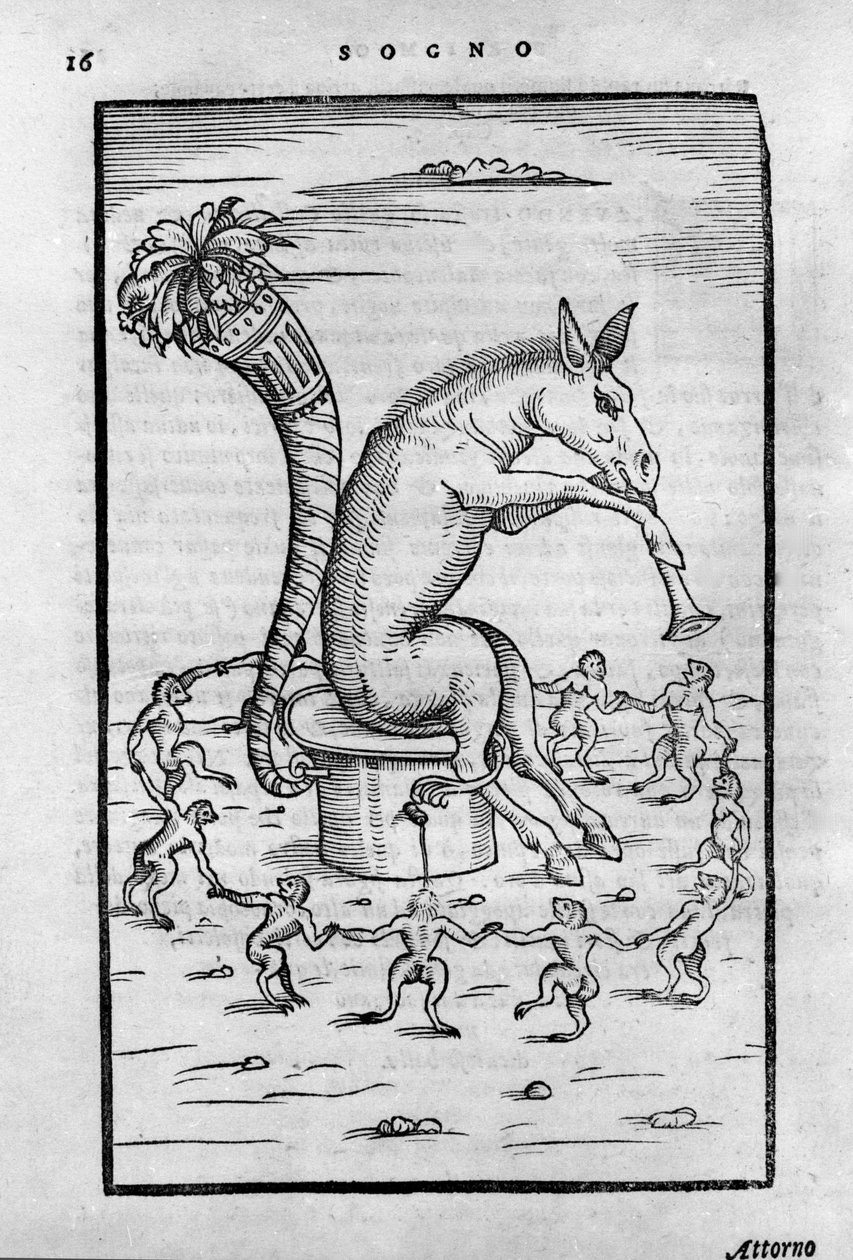 Timon szamár, aki az alkimistákat táncoltatja – „De Transmutatione Metallica Sogni Tre”, Giovanni Battista Nazari, 1599-ben Bresciában szerkesztette. alkotó: Unknown artist