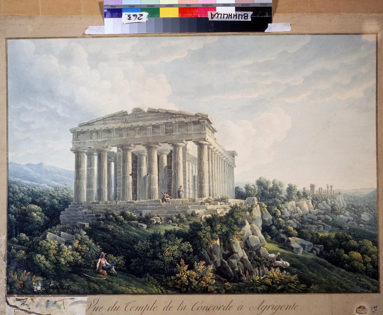 Concordia temploma Agrigentóban (Szicília, Olaszország) (The Temple of Concordia in Agrigento). Névtelen festmény. Akvarell, papír, 66,5 x 88 cm, 19. század eleje. Tájkép, romantika. Regionális Művészeti Múzeum, Vinnica (Ukrajna). alkotó: Unknown artist