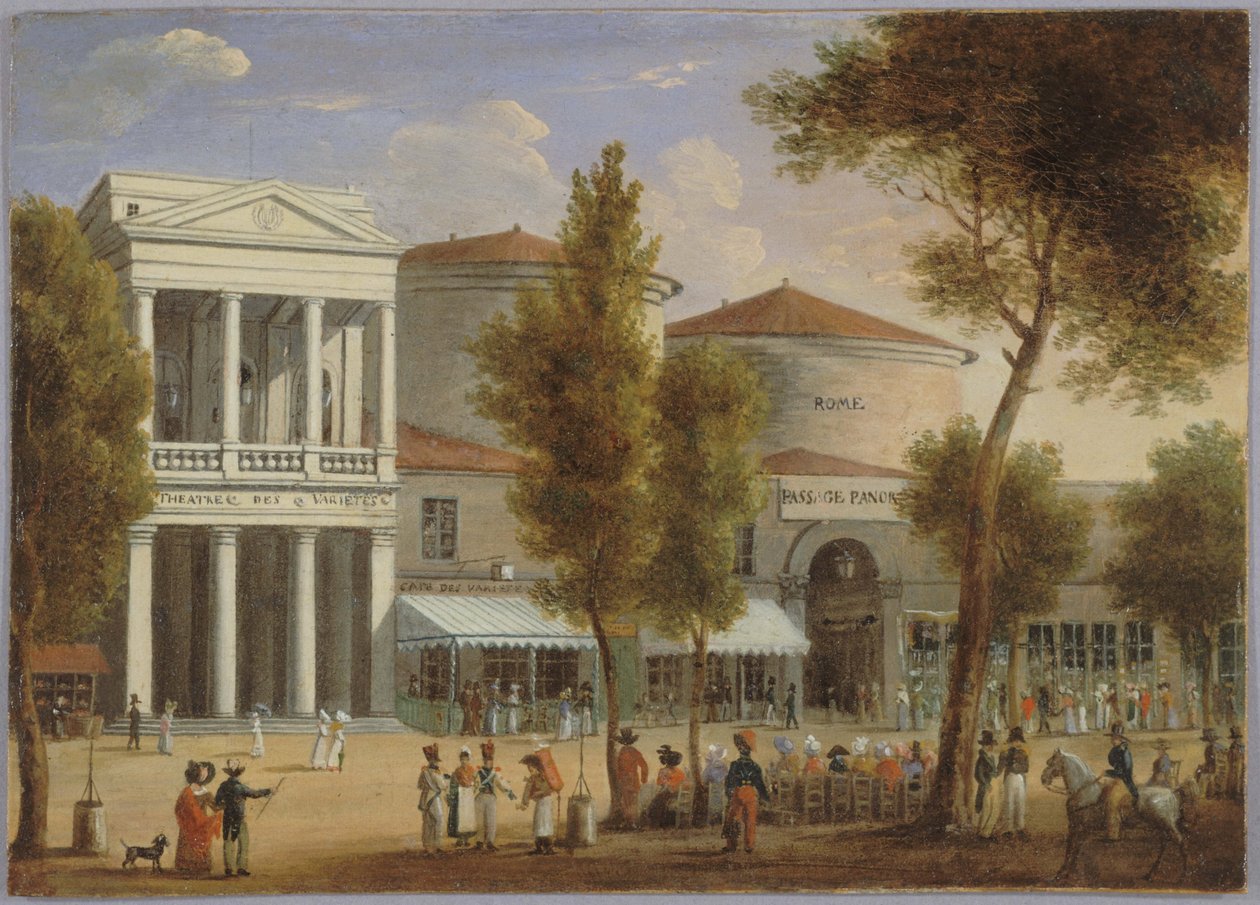 Le théâtre des Variétés et le passage des Panoramas, boulevard Montmartre, 1825 körül, 1825 körül (olaj, karton) alkotó: Unknown artist