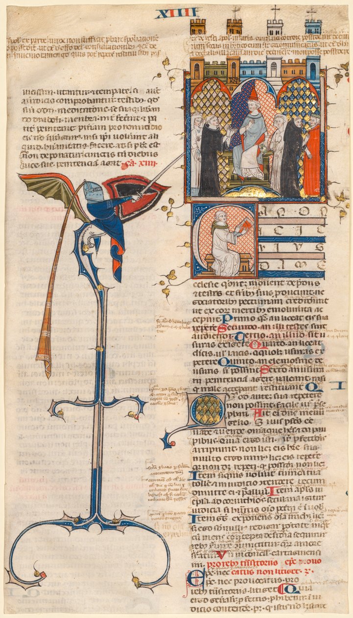 Gratianus "Decretum"-ból kivágott levél: C kezdőbetűje [egy bizonyos templom anonicija] ülő klerikussal alkotó: Unknown artist