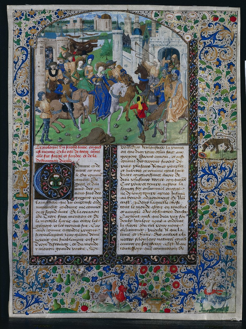 Levél Jehan de Courcy "Chronique Universelle" című művéből: Priamosz király találkozik Helénával és Párizssal a Trója kapuja előtt alkotó: Unknown artist