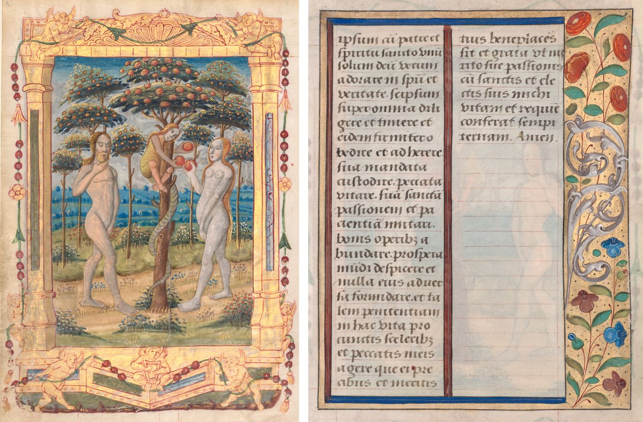 Levél egy Órakönyvből: Ádám és Éva és az ember bukása (előkészítő miniatűr a Szűz hivatalához) (recto) és Szöveg illusztrált szegéllyel (verso) (1/3 kimetszett levél) alkotó: Unknown artist