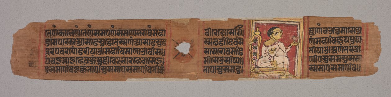Levél egy dzsain kéziratról: Kalpa-sutra: Virágot tartó szerzetes (recto); Levél egy dzsain kéziratból: Kalpa-sutra: Mahavira leszállását a Brahman nő, Devananda méhébe leíró szöveg (verso) alkotó: Unknown artist