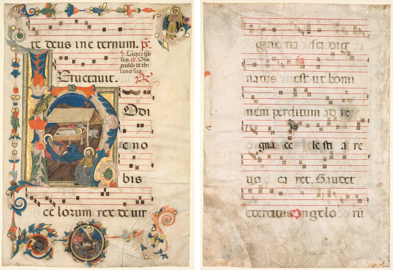 Levél egy antifóniából historiált kezdőbetűvel (H) a Születéssel (recto) és a zenével (verso) alkotó: Unknown artist