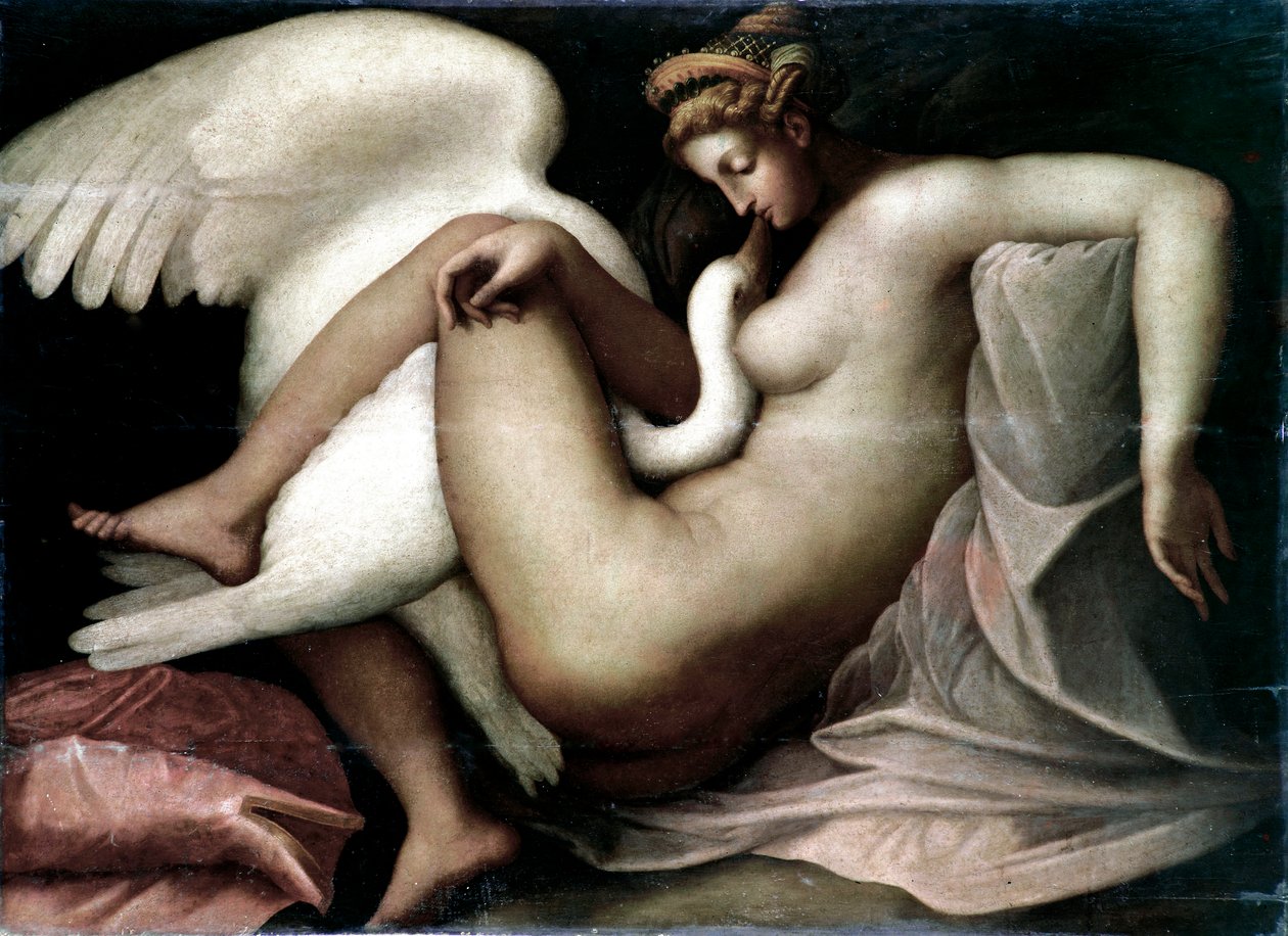Leda és a hattyú névtelen festménye Michelangelo Buonarroti eredeti detruitja, Michelangelo (Michelangelo vagy Michelangelo) után alkotó: Unknown artist