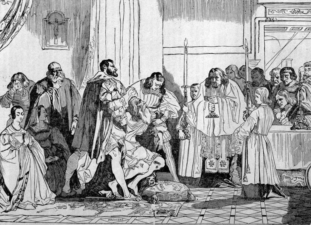 Leonardo da Vinci (Leonard de Vinci) I. Francois (1494-1547) karjaiban halt meg 1519-ben Clos Luce-ban. metszés. alkotó: Unknown artist