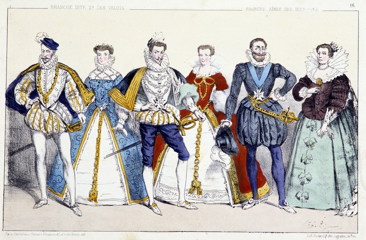 Les Valois et les Bourbons: IX. Károly (1550-1574) és Ausztriai Erzsébet (1554-1592), III. Henrik (1551-1589) és Louise de Lorraine Vaudemont (1553-1601), IV. Henrik (1553-1610) és Marie de Medicis (1575-1642) – Fr. királyaiból és királynőiből kivont pléc alkotó: Unknown artist