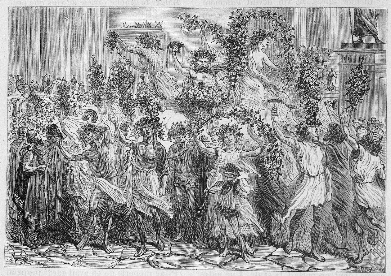 Bacchus (Bacco) ünnepei Athénban (Az ókori Görögország) – Louis Figuier, Párizs „Az ipar csodái” c. alkotó: Unknown artist