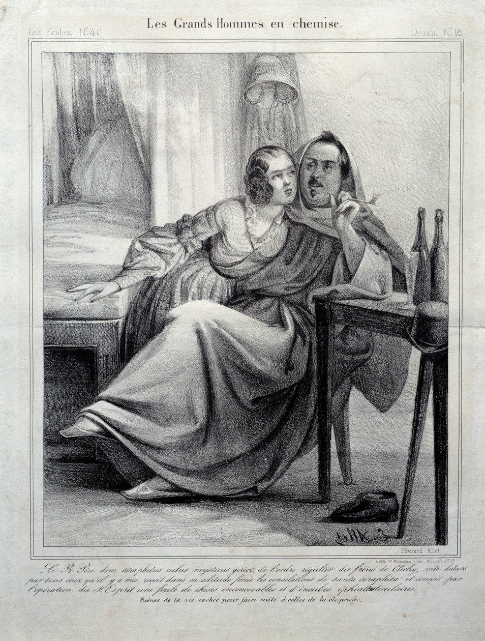 Les grands hommes en chemise Honore de Balzac (1799-1850) író ábrázolása, aki cigarettázó fiatal nőt körülölel. Illusztráció E. Alletről (XIX. század) Paris, Maison Balzac alkotó: Unknown artist