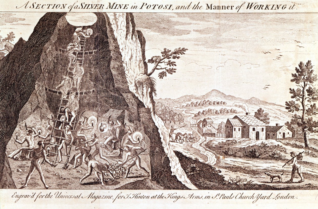 Az ezüstbányák Potosiban, Bolíviában. 19. századi metszet. alkotó: Unknown artist