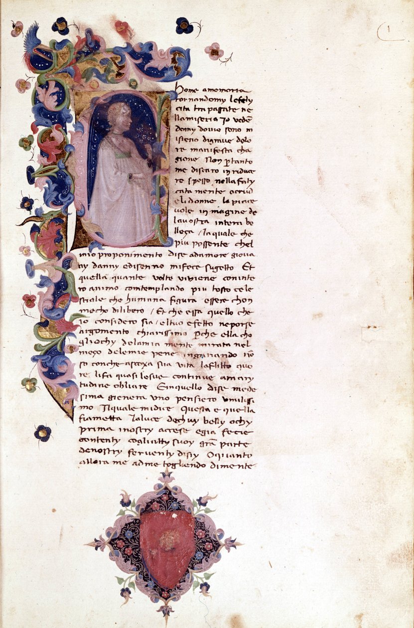 „A” betűsor a „Teseide” kezdetének miniatűr oldalán”. Giovanni Boccaccio (1313-1375). 15. századi kézirat. Trivulziana Milánó. alkotó: Unknown artist