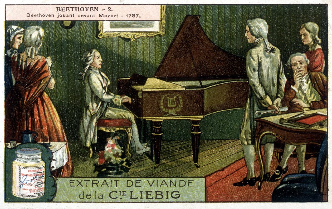 Liebig kromolitográfia. Ludwig van Beethoven (1770/1827) Wolfgang Amadeus Mozart (1756/1791) előtt játszik. Itt 1787-ben. alkotó: Unknown artist