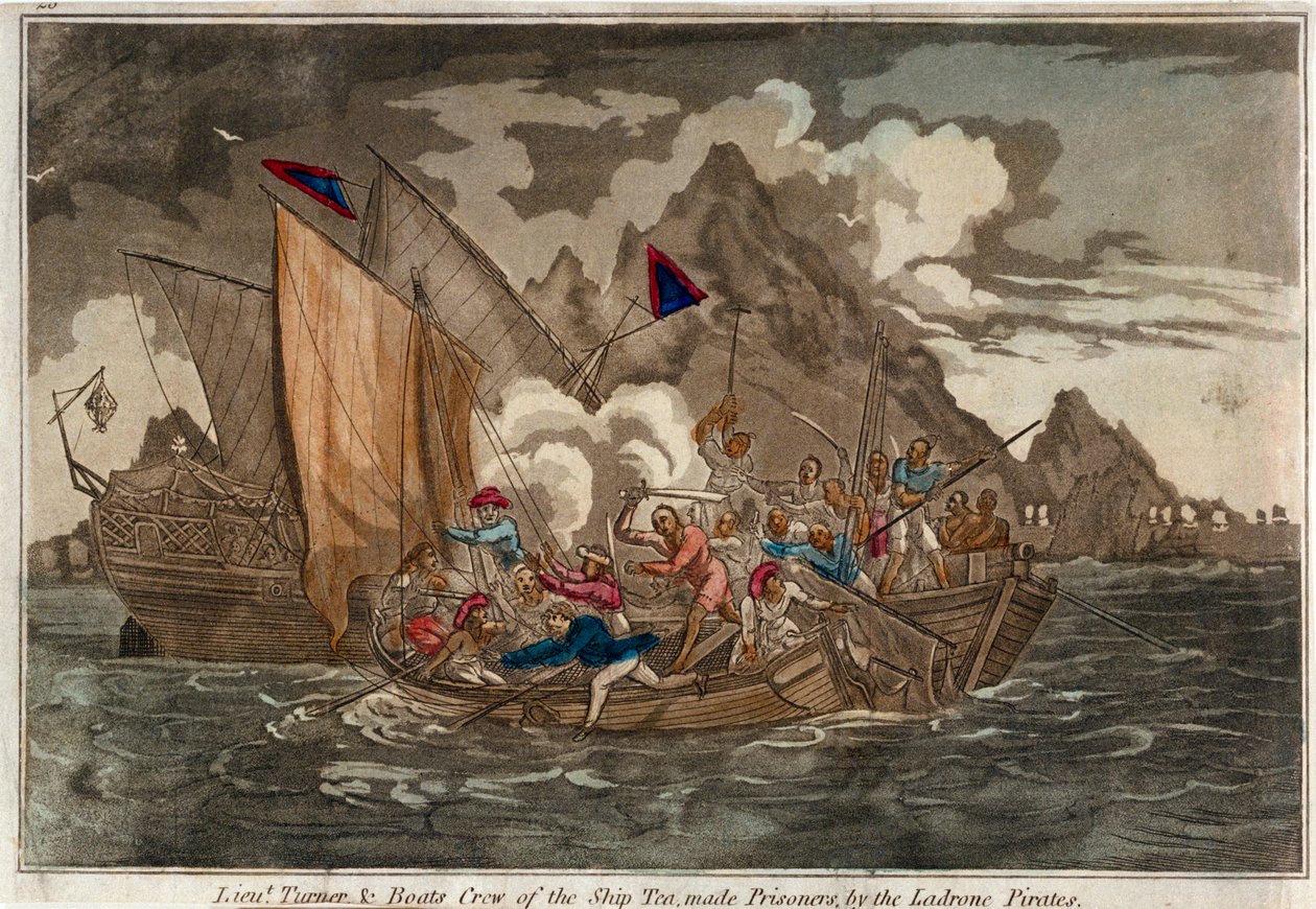 Turner hadnagy és a "Tea" hajó legénysége, akiket a Ladrone kalózok ejtettek foglyul, 1800 körül (színes akvatinta) alkotó: Unknown artist