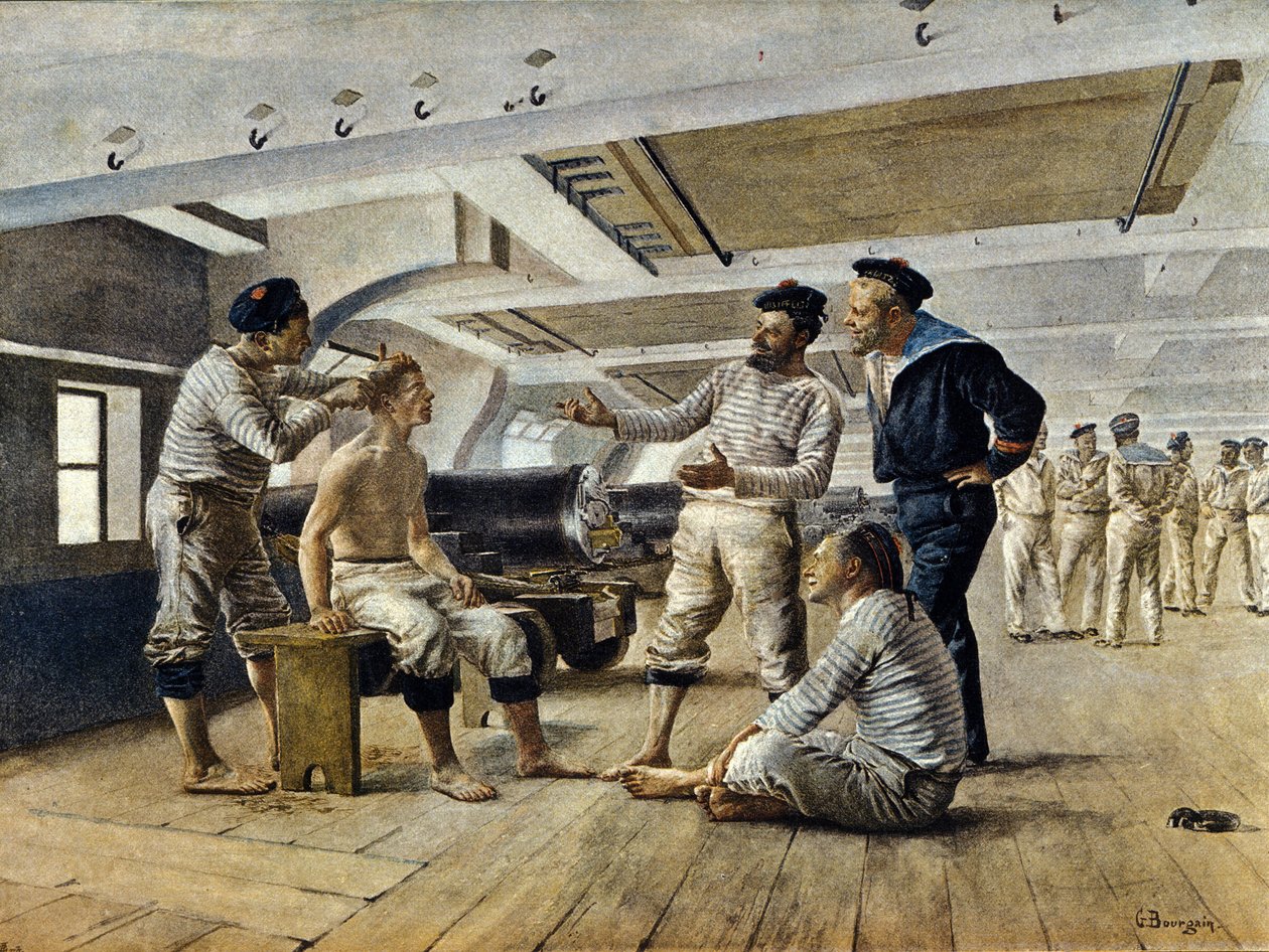 Élet egy francia hadihajó fedélzetén: a hajóborbély megborotválja a tengerészeket, 1800 körül alkotó: Unknown artist
