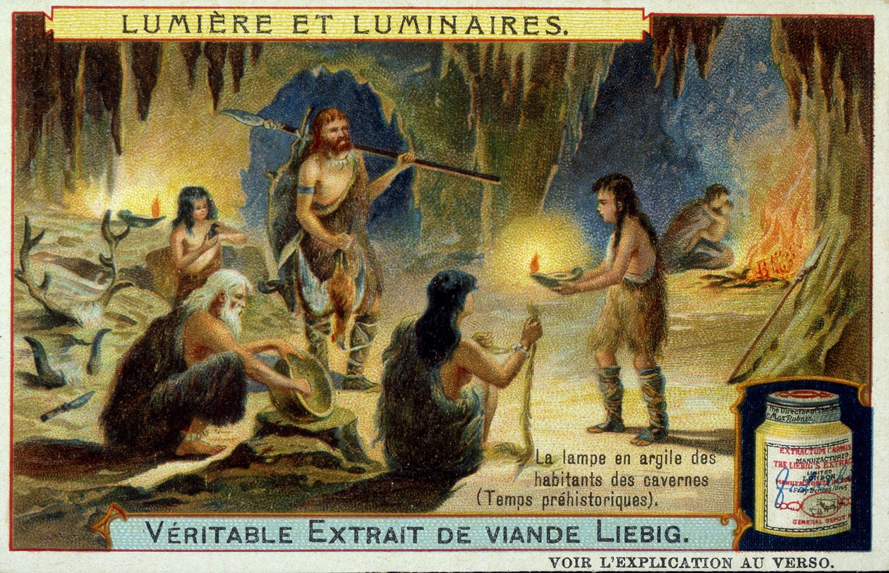 Világítótestek és világítótestek: a barlanglakók agyaglámpája a történelem előtti időkben. Illusztráció a Liebig embalgesről. alkotó: Unknown artist