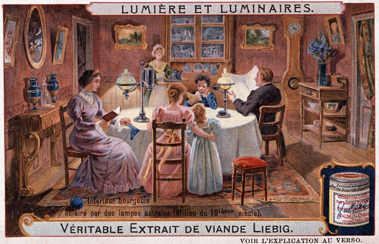 Fények és lámpatestek, asztrális lámpákkal megvilágított polgári belső tér - chromo. Liebig v. 1895 alkotó: Unknown artist