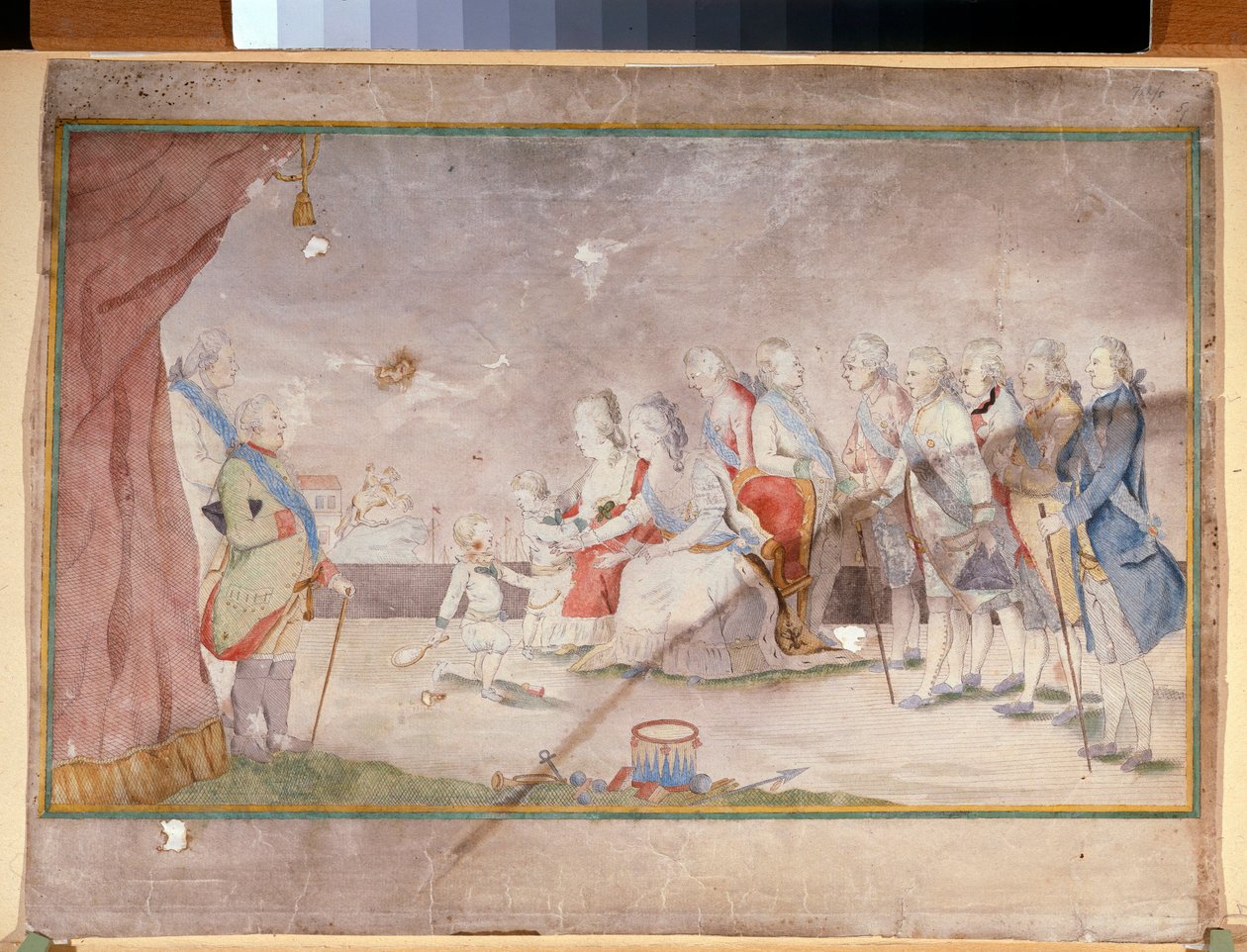 II. Katalin császárné családjával és udvarhölgyeivel (II. Katalin császárné családjával és udvarnokaival) – Névtelen munka, akvarell és tus papíron, 1780 vége alkotó: Unknown artist