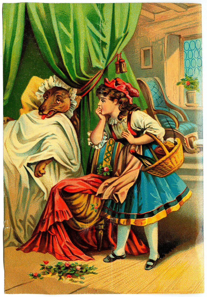Piroska felfedezi a farkast nagyanyja ágyában (19. század vége kromolitográfiában) alkotó: Unknown artist