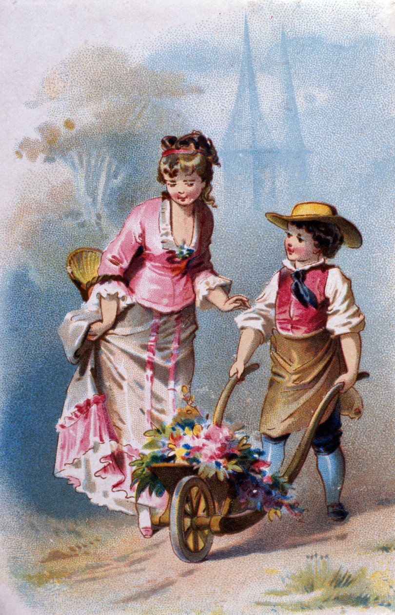 Kiskertész: egy fiatal fiú virágokkal teli talicskával beszélget egy fiatal asszonnyal faluba úton. kromolitográfia 1880. alkotó: Unknown artist