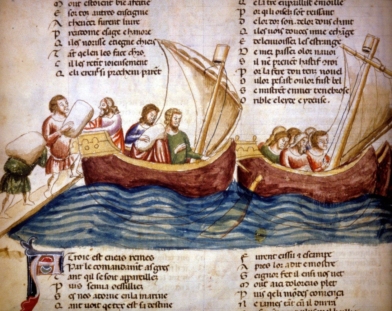 Rakomány rakodása a fedélzetre, 13. század vége. A „Roman de Troy” miniatúrája, Benoit de Saint Maure. 14. századi Biblioteca Marciana, Velence alkotó: Unknown artist
