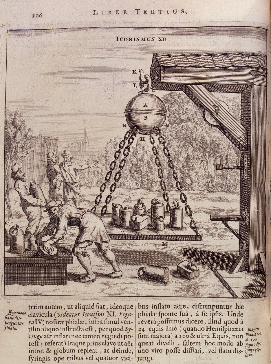 Felfüggesztett magdeburgi féltekék betöltése – Otto von Guericke (Otto de Guericke) „Ottonis de Guericke: Experimenta Nova Magdeburgica de vacuo spatio” című könyvében alkotó: Unknown artist
