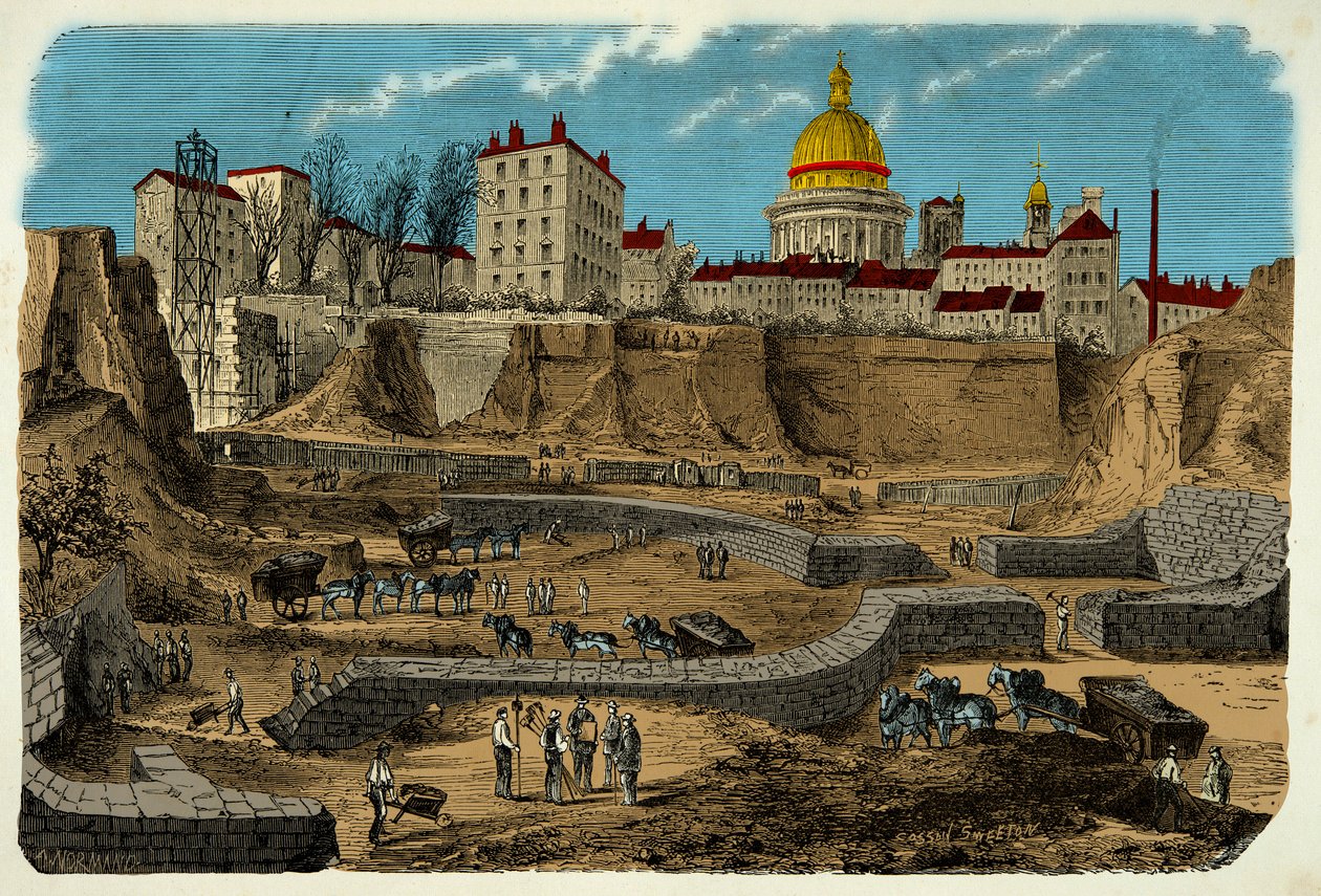 A Gallo Romain cirkusz helye a Kr.e. 2. századból származik, 1870-ben fedezték fel a párizsi rue Monge fúrása során, metszet XIX. alkotó: Unknown artist