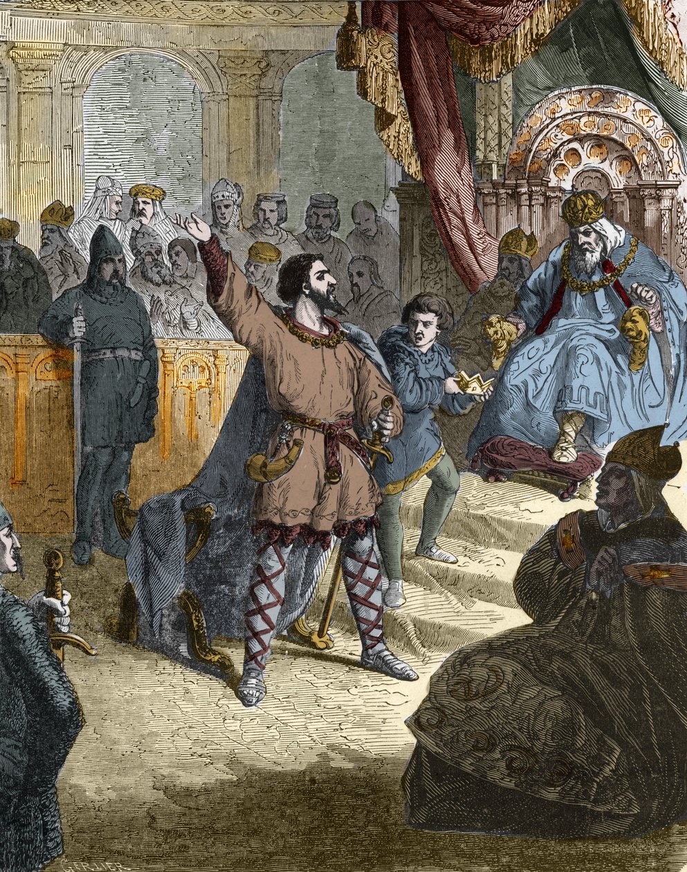 IV. Outremer Lajos (Tengerentúlon, tengerentúlon) (921-954), Franciaország királya a németországi Ingelheim zsinaton 948-ban I. Ottó előtt a Szent Birodalomból (912-973). Metszet Paul Lehugeur Histoire De France En Cent festményeibe, 1891. alkotó: Unknown artist