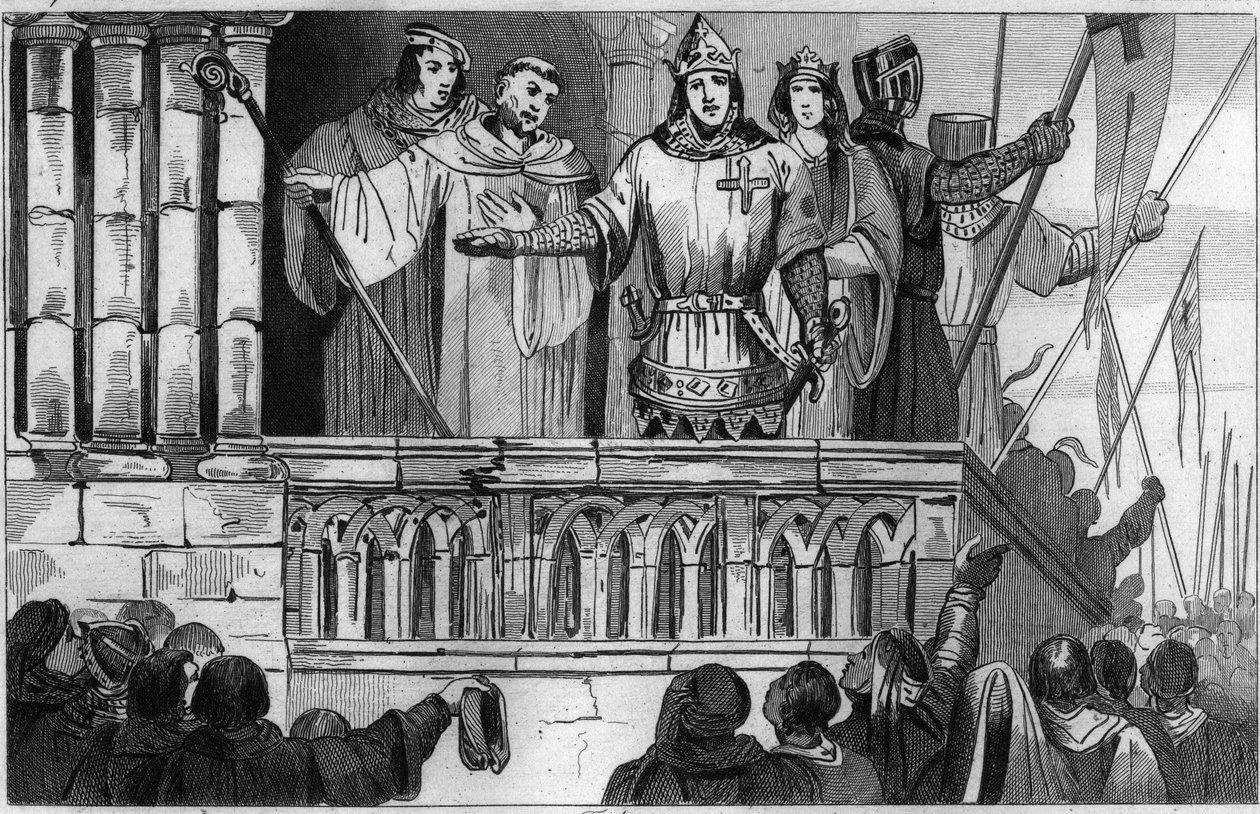 VII. Lajos (1120-80) az ifjú támogatja az 1144-es második keresztes hadjáratot - VII. Lajos vállalja a 2. keresztes hadjáratot Saint Bernard de Clairvaux (San Bernardo di Chiaravalle) tanácsa alapján - 1825-ös metszet a „Histoire de France által képviselt  alkotó: Unknown artist