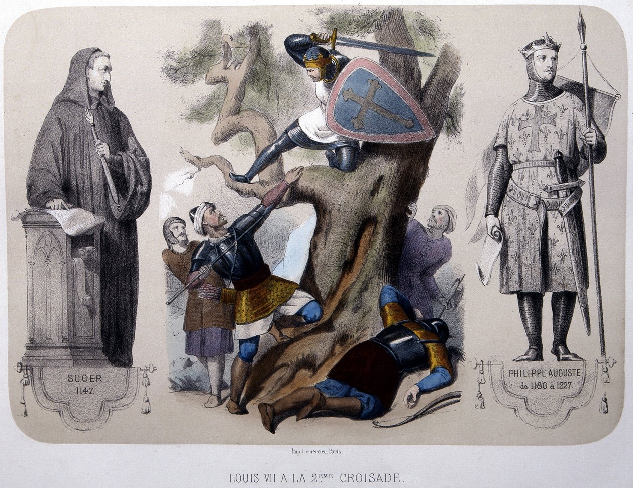 VII. Lajos a szaracénok ellen harcol a 2. keresztes hadjárat során – litográfia, 19. század vége alkotó: Unknown artist