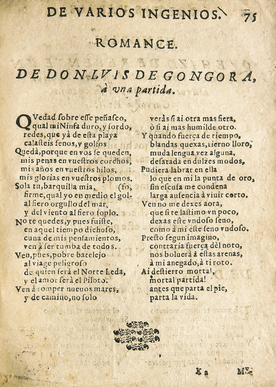 Luis de GOGOORA Y ARGOTE, "Romance a una partida" (nyomtatás) alkotó: Unknown artist