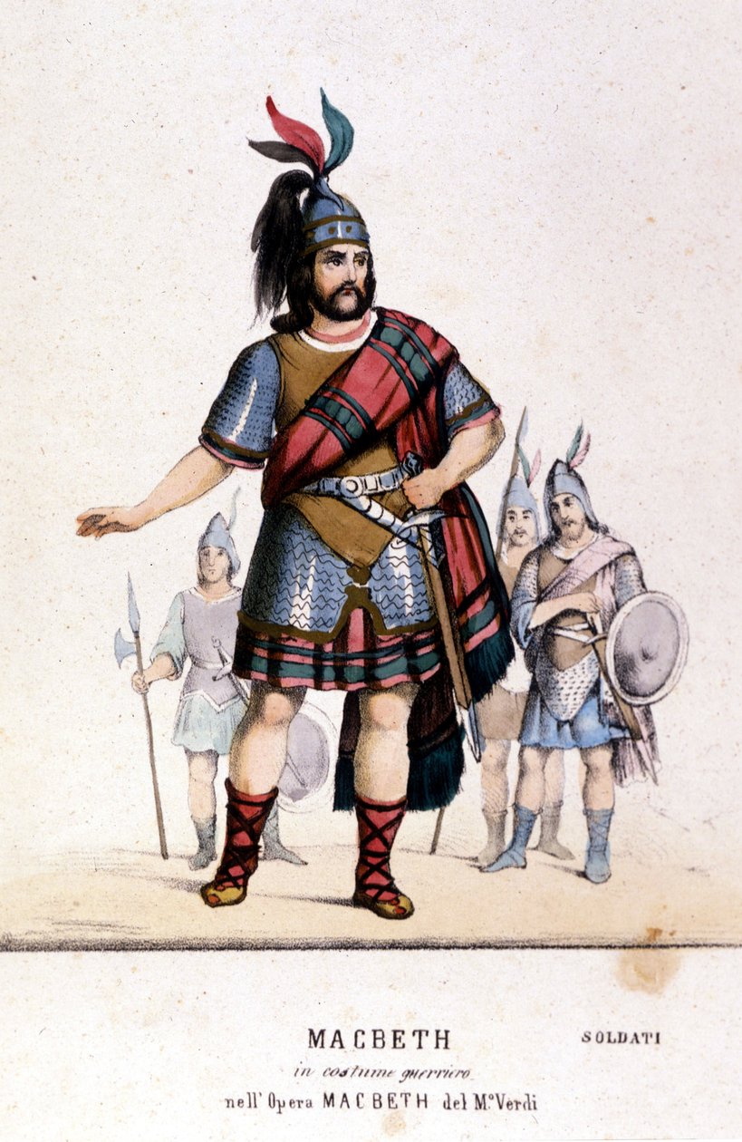 Macbeth karakter harcos jelmezben Giuseppe Verdi (1813 - 1901) azonos című operájában William Shakespeare munkája nyomán. 1847. Metszet. alkotó: Unknown artist