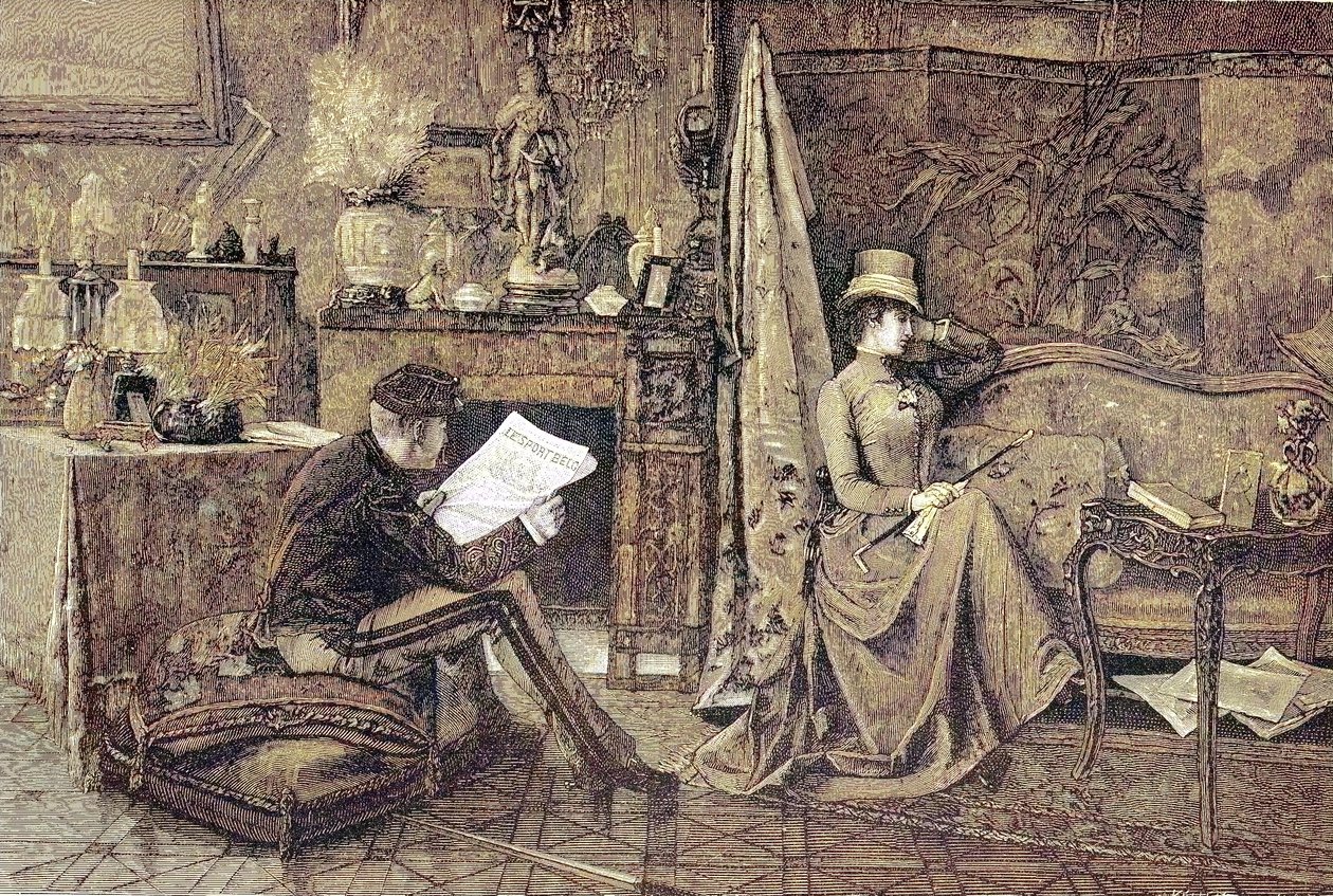 Madame Sulking, pár, ő az újságot olvassa, ő pedig a kanapén ül és megsértődött alkotó: Unknown artist