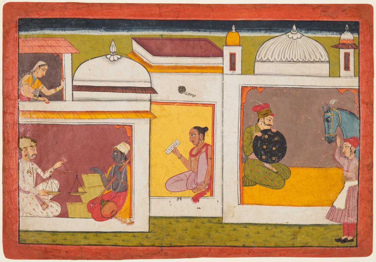 Madhava egy mérleget tartó férfival néz szembe, egy Madhavanala Kamakandalából alkotó: Unknown artist