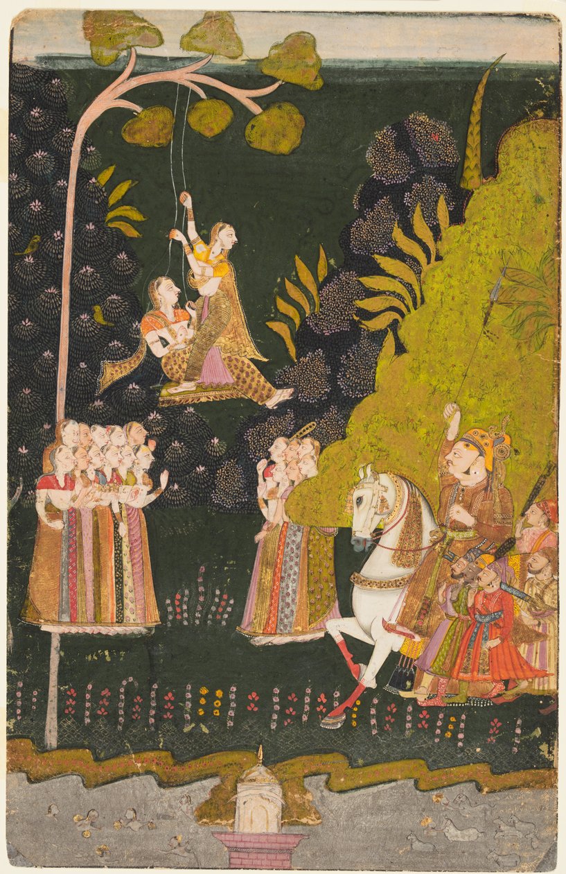 Maharaja Abhai Singh of Marwar (ur. 1724–1749), lovas, lengő lányokat néz a Teej Fesztiválon alkotó: Unknown artist