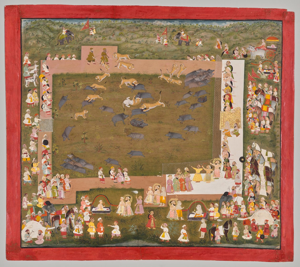 Maharana Sangram Singh II of Mewar (ur. 1710–1734) és Vaddisznóvadászatot rendez tigrisekkel Sadriban alkotó: Unknown artist