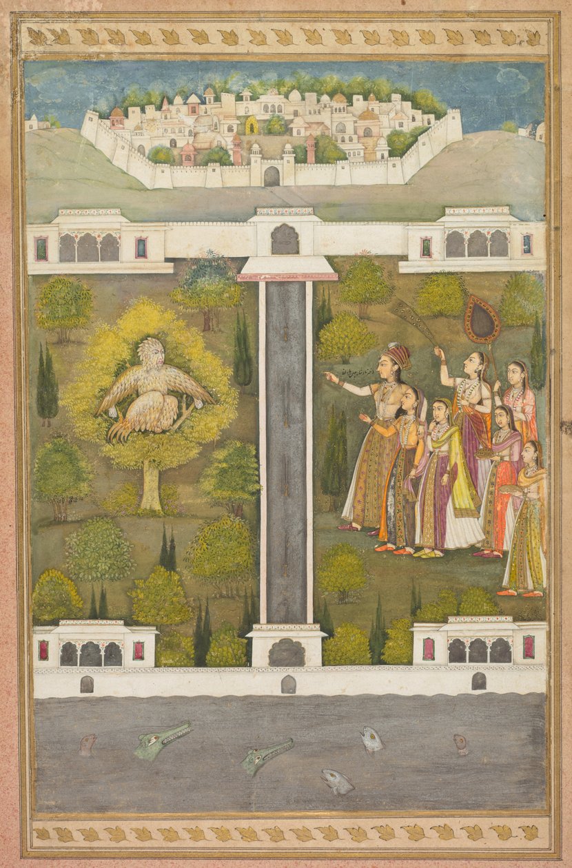 Mahliqa, a kínai császár lánya, a Madáremberre mutat Khwaja Mubarak: A Leaf from a Poetical Romance Relating to Shah Alam I (verso); Oroszlán és gazella sablonos jelenetei (verso) alkotó: Unknown artist