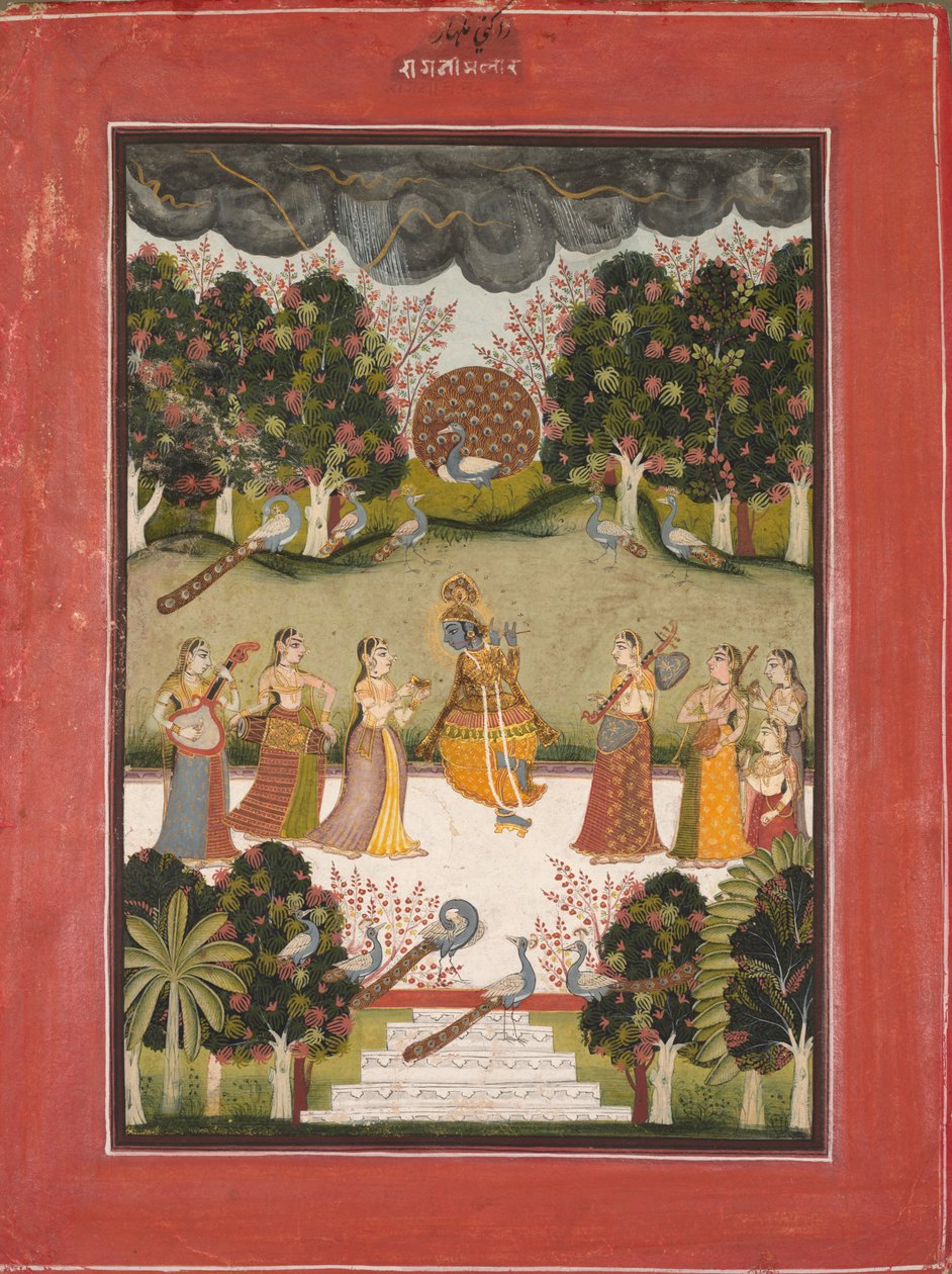 Malar Ragini: Krishna furulyán játszik hét hangszert tartó gopinak, a Ragamala sorozatból alkotó: Unknown artist