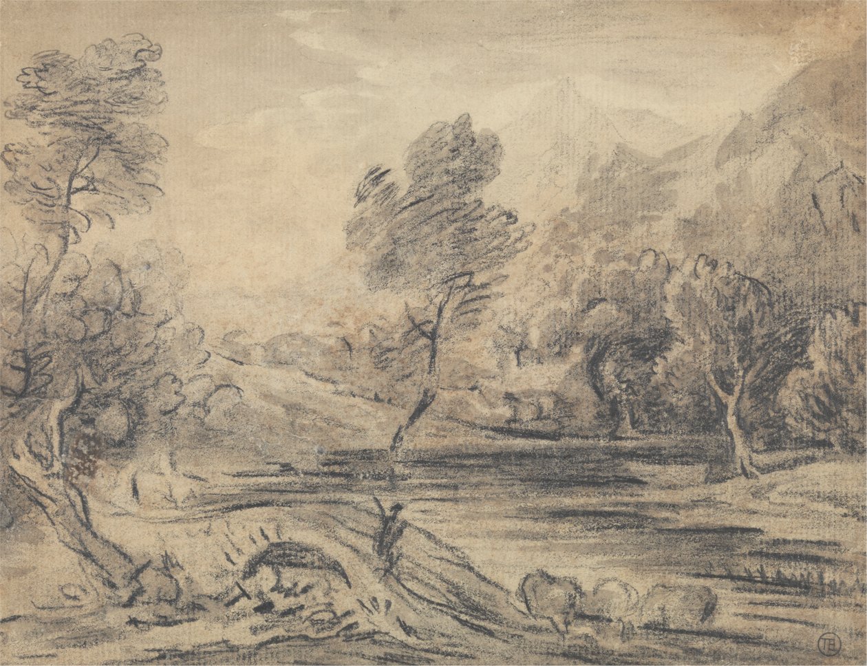 Férfi átkelő púpos hídon egy folyón szarvasmarhával alkotó: Unknown artist