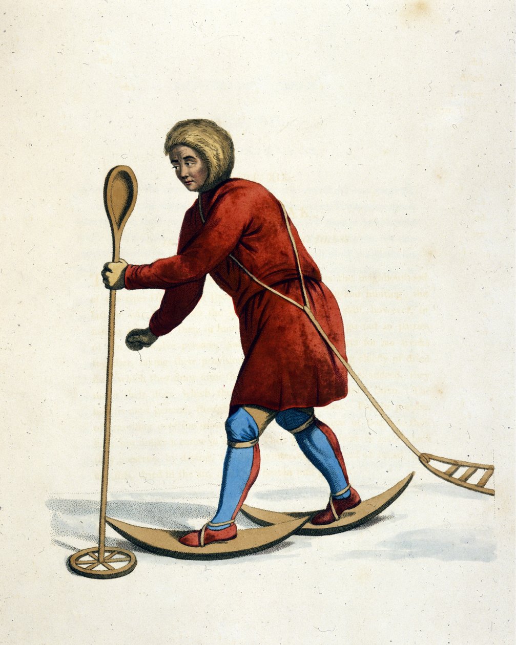 Az ostiak törzs (hanti vagy khante) embere (Szibéria) síel. „Az orosz birodalom kosztümje” metszet, London 1803. alkotó: Unknown artist