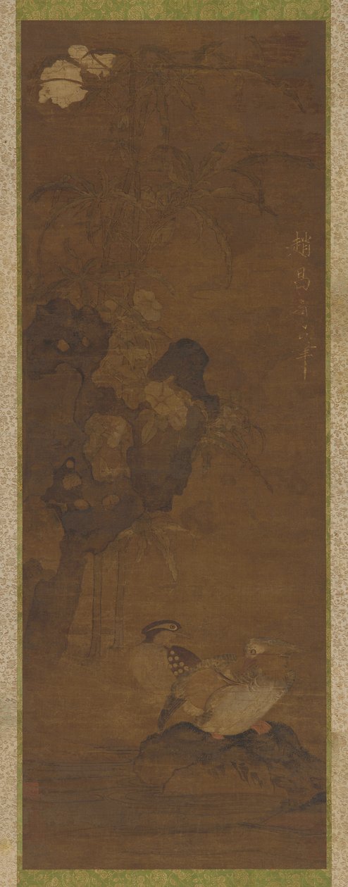 Mandarin kacsa, sziklák és virágos növény alkotó: Unknown artist