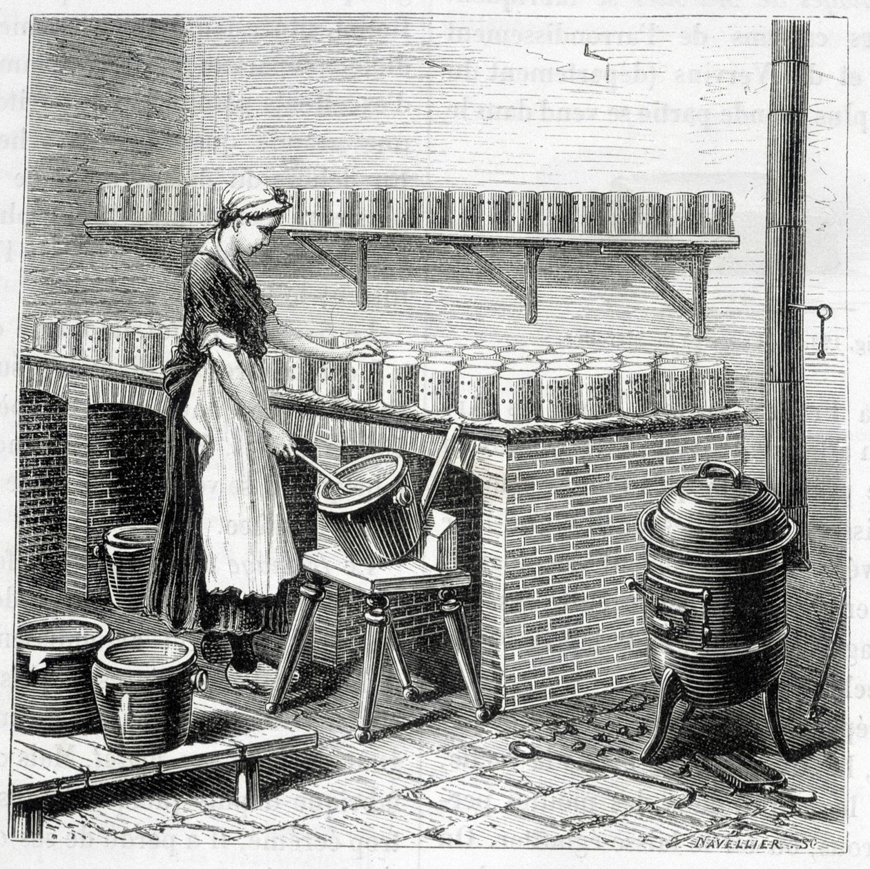 Camembert sajt gyártása (a túrót kagylóba öntik) – Louis Figuier „Az ipar csodái” című művében alkotó: Unknown artist