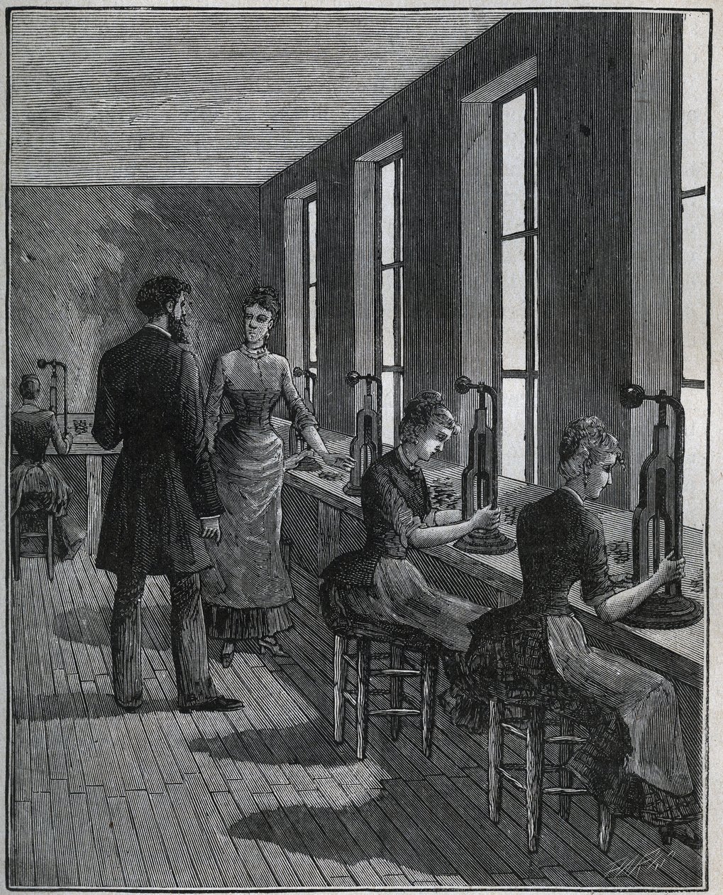 Fémtoll gyártás: dekupázsműhely Franciaországban a 19. században. Metszet 1885-ből Adolphe BITARD „” Les arts et metiers illustres” című könyvébe. alkotó: Unknown artist