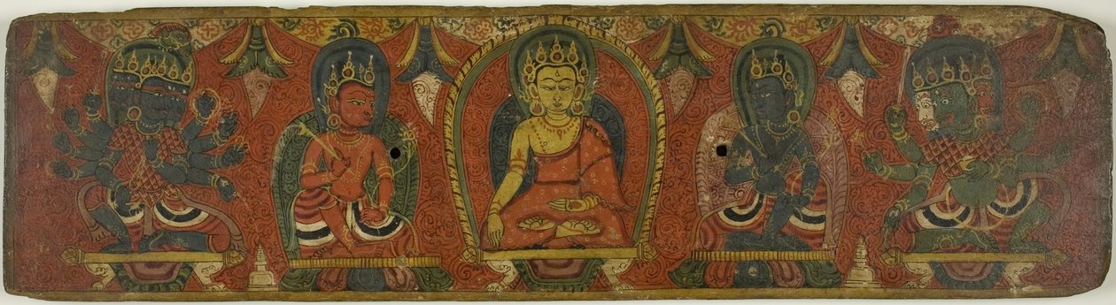 Kézirat borító Buddhával, két bódhiszattvával és két védőistenséggel (Lokapalas) alkotó: Unknown artist