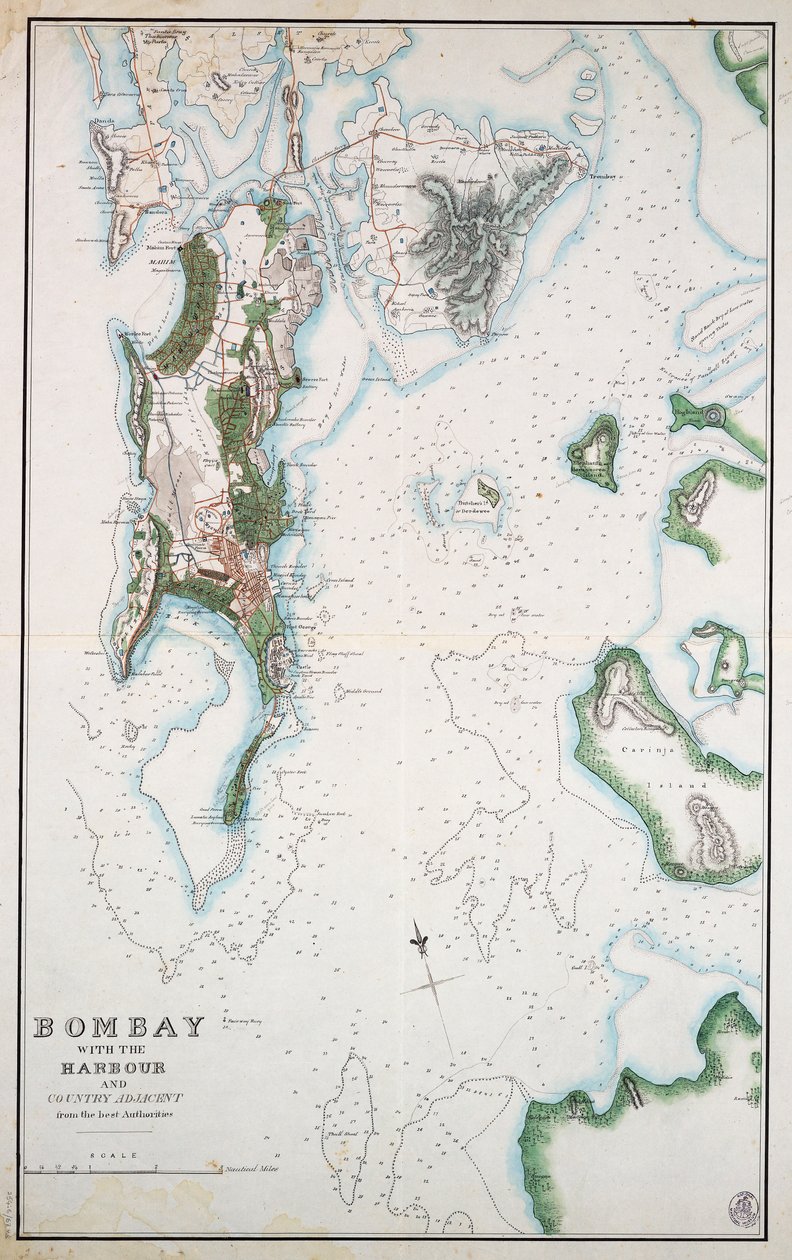 Bombay térképe a kikötővel és a szomszédos vidékkel, rajta az Arab-tenger és a Perzsa-öböl, 1855 körül (tinta, akvarell) alkotó: Unknown artist